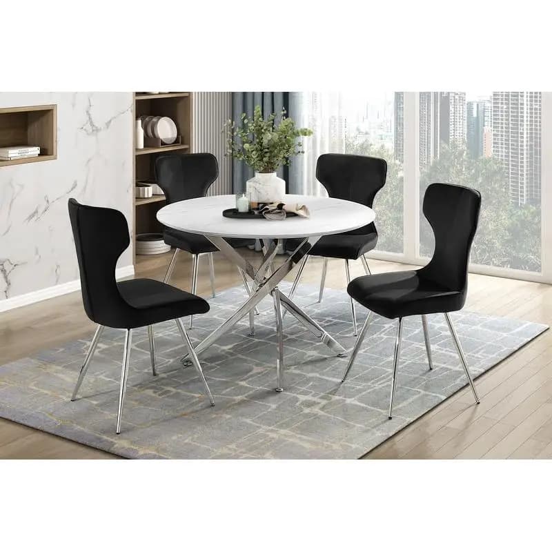 Set da pranzo moderno da 5 pezzi: tavolo rotondo in finto marmo con 4 sedie laterali imbottite in velluto e gambe in metallo cromato