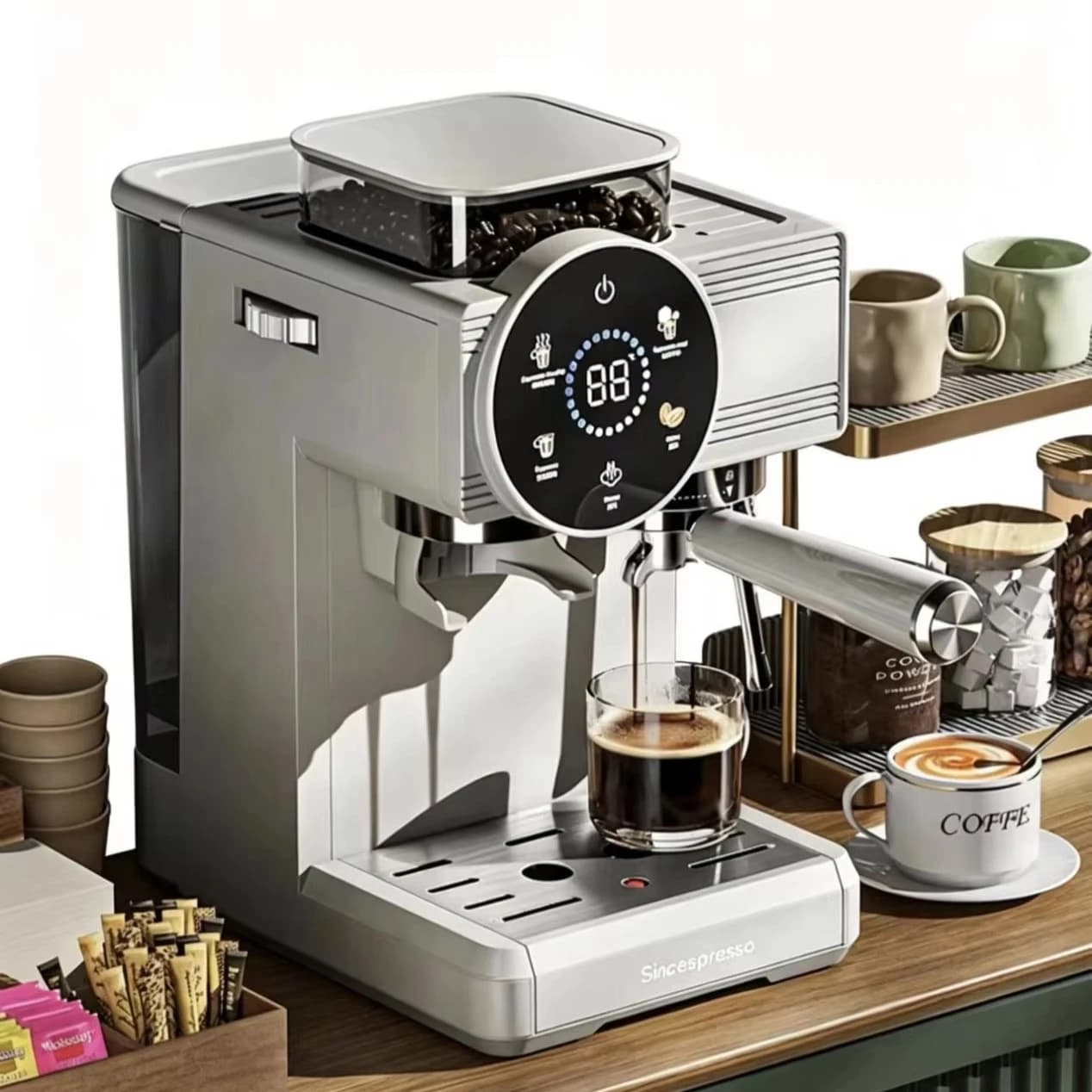 58mm Commercial Portafilter Double Boiler Expresso Coffee Machine Home Espresso Coffee Maker with Bean Hopper