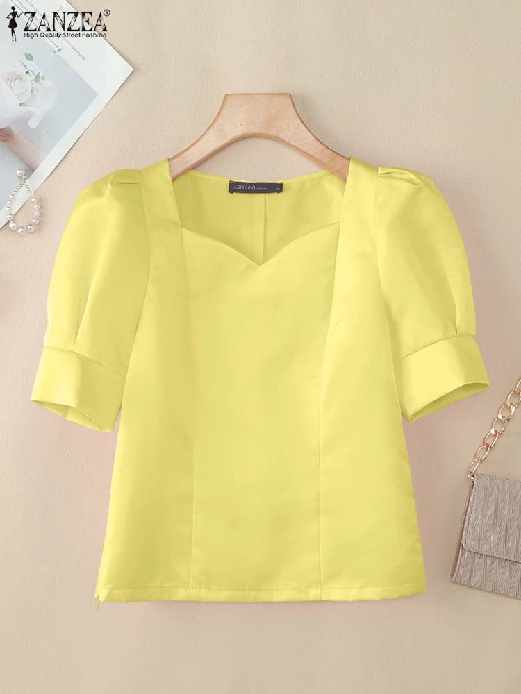 ZANZEA Camicette eleganti in raso lucido Donna Estate 2025 Moda Colletto a forma di cuore Manica corta a sbuffo Blusas Mujer Solid Short Tops