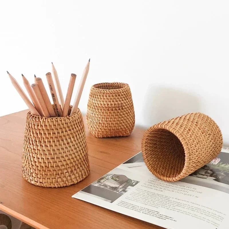 Portapenne in rattan, porta pennelli per trucco con tazza per penna in vimini fatto a mano, scatola contenitore per penne per organizer da scrivania in vite intrecciata