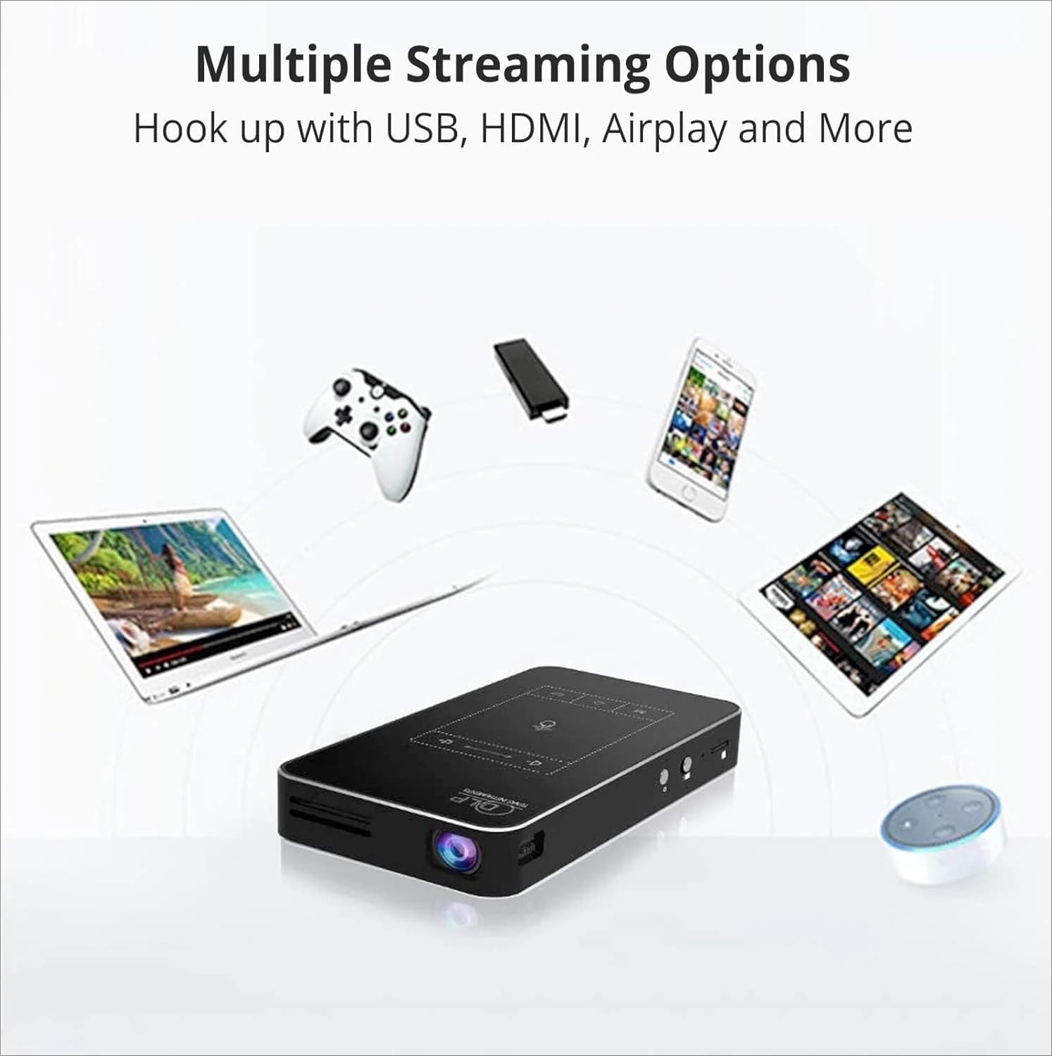 Mini proiettore WT50 con WiFi e Bluetooth, proiettore cinematografico portatile DLP 1080P per casa ed esterno, batteria integrata · In vendita