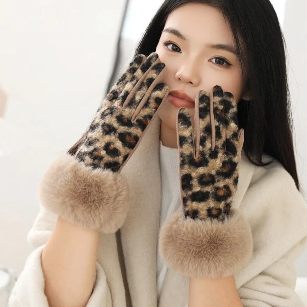 Guanti in Velluto con Stampa Leopardata alla Moda, Antivento, a Dita Intere, Stile Coreano, per Ciclismo, Autunno