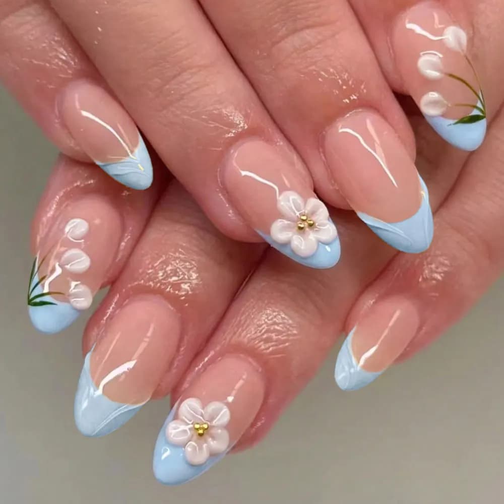 30 pieces of short almond-shaped nail stickers, 3D gel flower light blue French pressed nails, fresh and natural