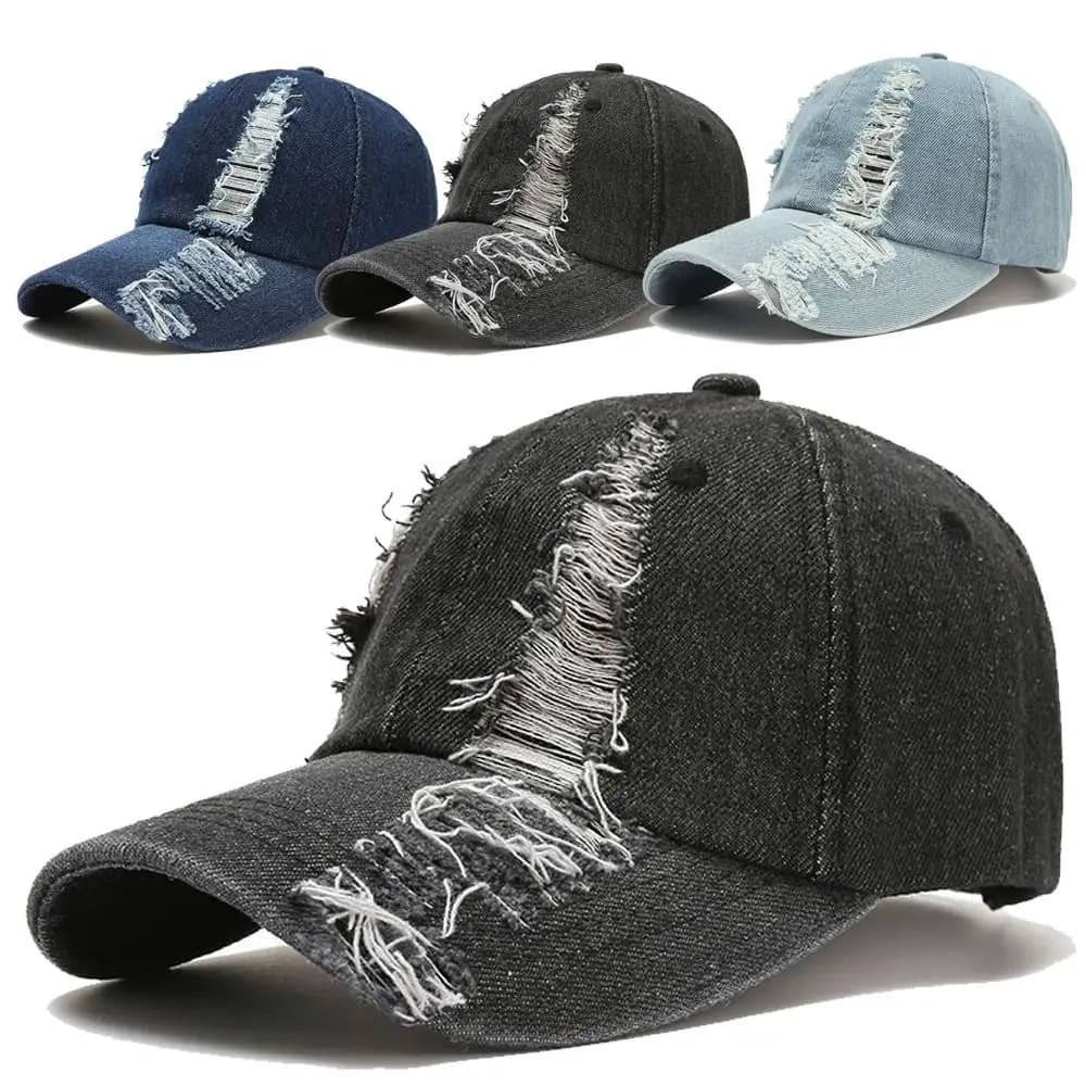Cappelli da baseball in denim vintage lavato alla moda, cappellini da baseball in denim effetto distressed con fori, cappelli da baseball