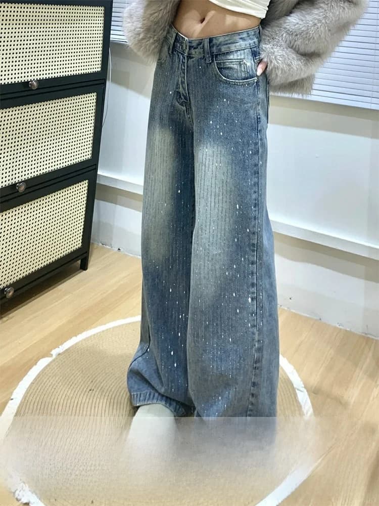 Jeans in Gamba Larga with Design Retro and Diamonds, Pantaloni Estivi Sottili per Taglio Dritto per Donna, Denim a Vita Alta, Casual in Tinta Unita