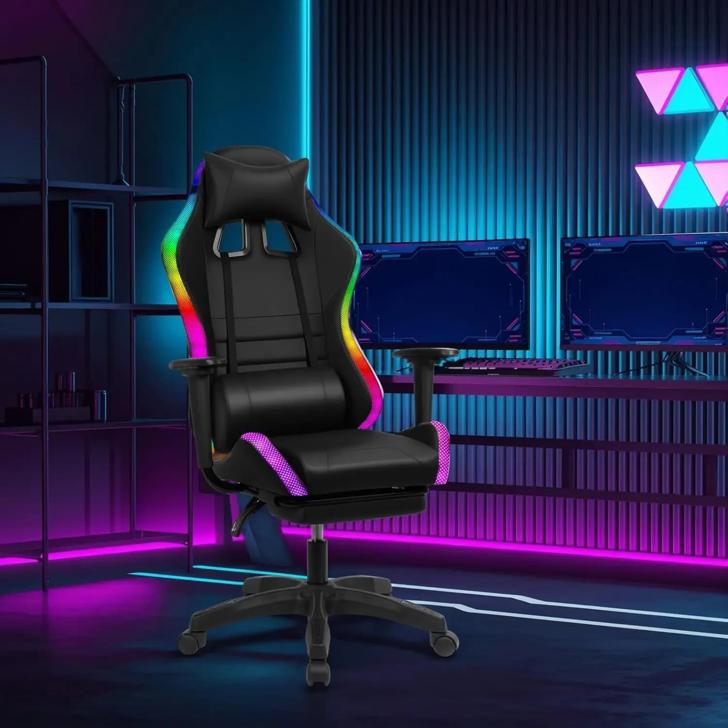 Sedia da Gaming, Sedia da Ufficio con Poggiapiedi, Cuscino a Molle Insacchettate, Altoparlanti Bluetooth, Sedia Ergonomica, Sedia Massaggiante, Luce LED