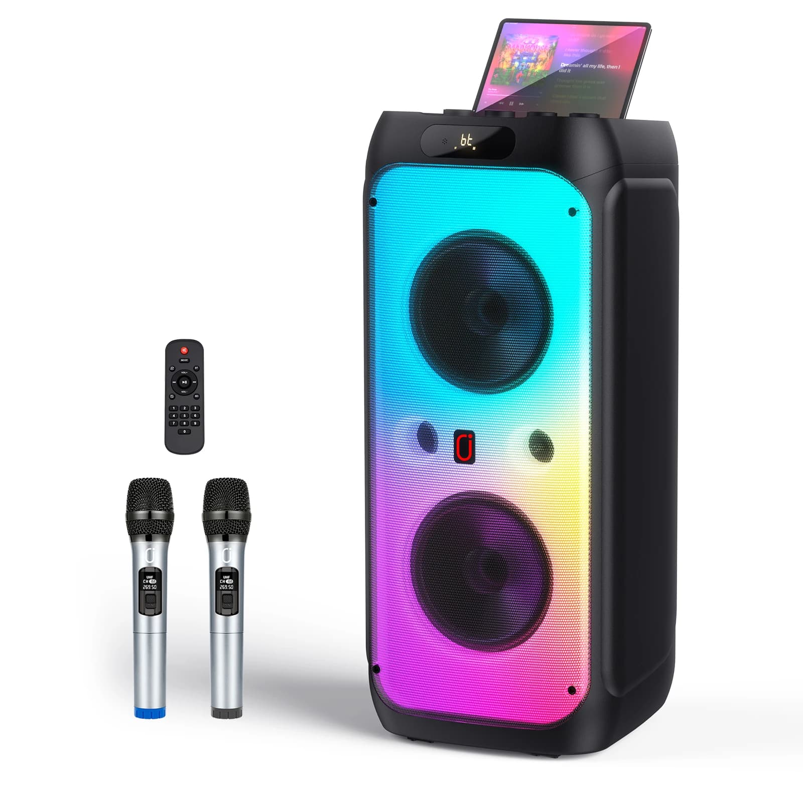 Macchina per karaoke per adulti, altoparlante per grandi feste con potenza di picco da 500 W, sistema PA wireless con doppi subwoofer da 8", luci da discoteca