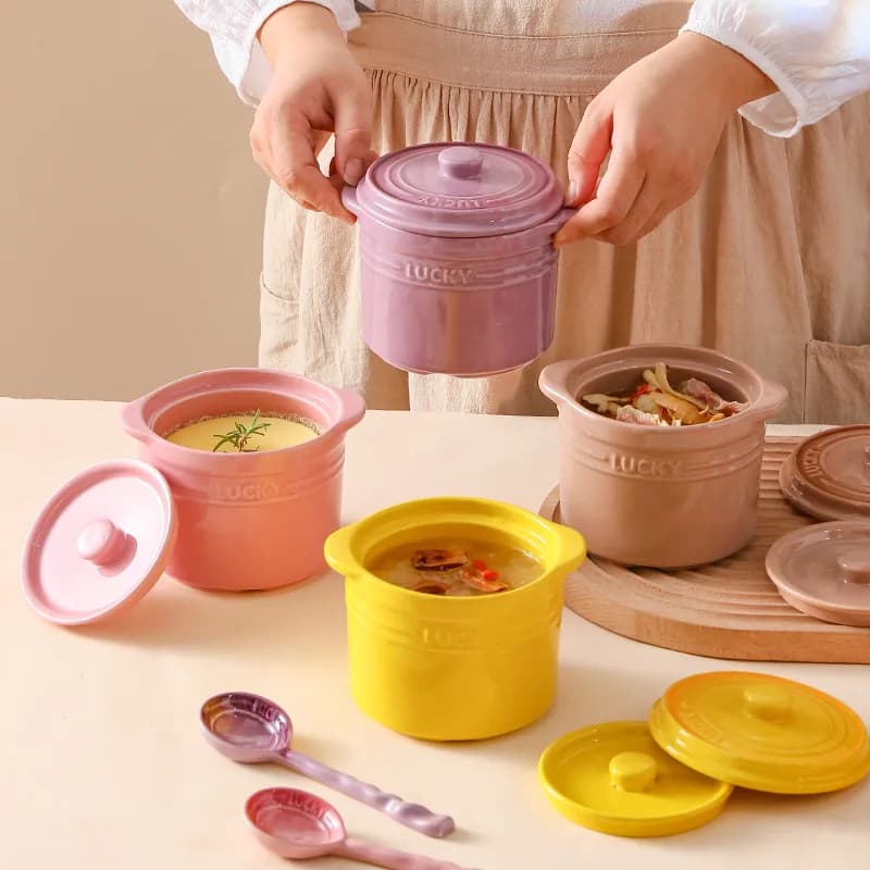 Ciotola in ceramica a doppio coperchio, ciotola per uova al vapore con nido d'uccello, tazza da dessert, pentola per bollitura, pentola da cucina, utensili da cucina