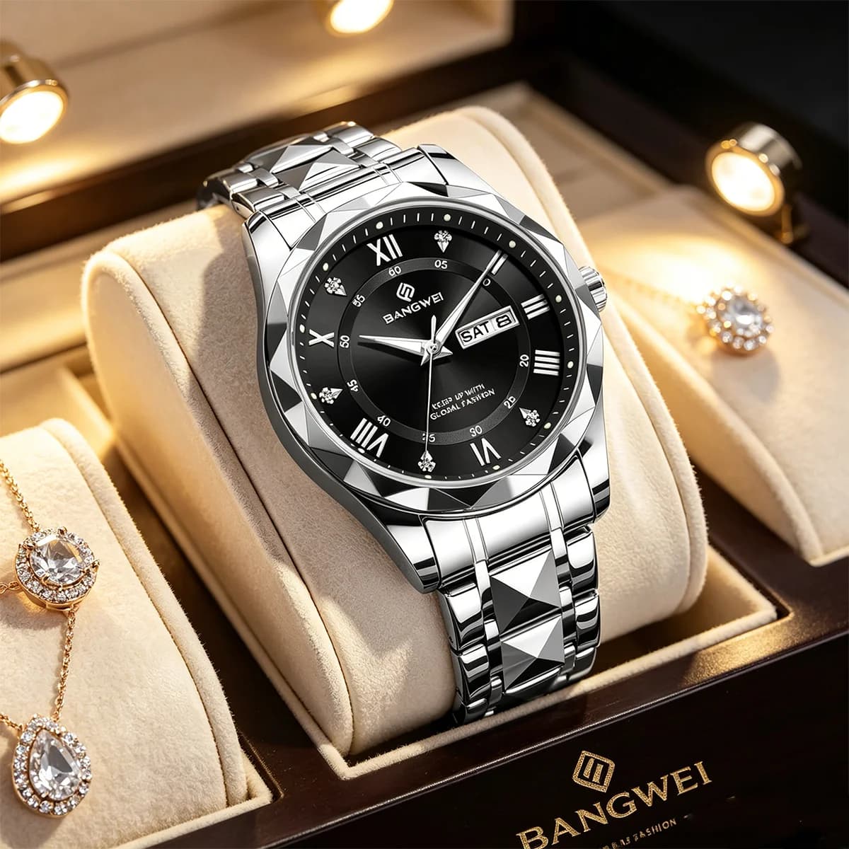 Orologio da Uomo BANGWEI Sportivo al Quarzo, Cinturino in Acciaio Inossidabile Nero, Lussuoso Orologio da Polso con Diamanti, Impermeabile, con Calendario, alla Moda