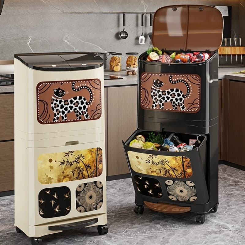 ‌ Pattumiera da cucina vintage, grande pattumiera a doppio strato, bidone per compost separatore asciutto e bagnato, elegante riciclaggio di carta coperta