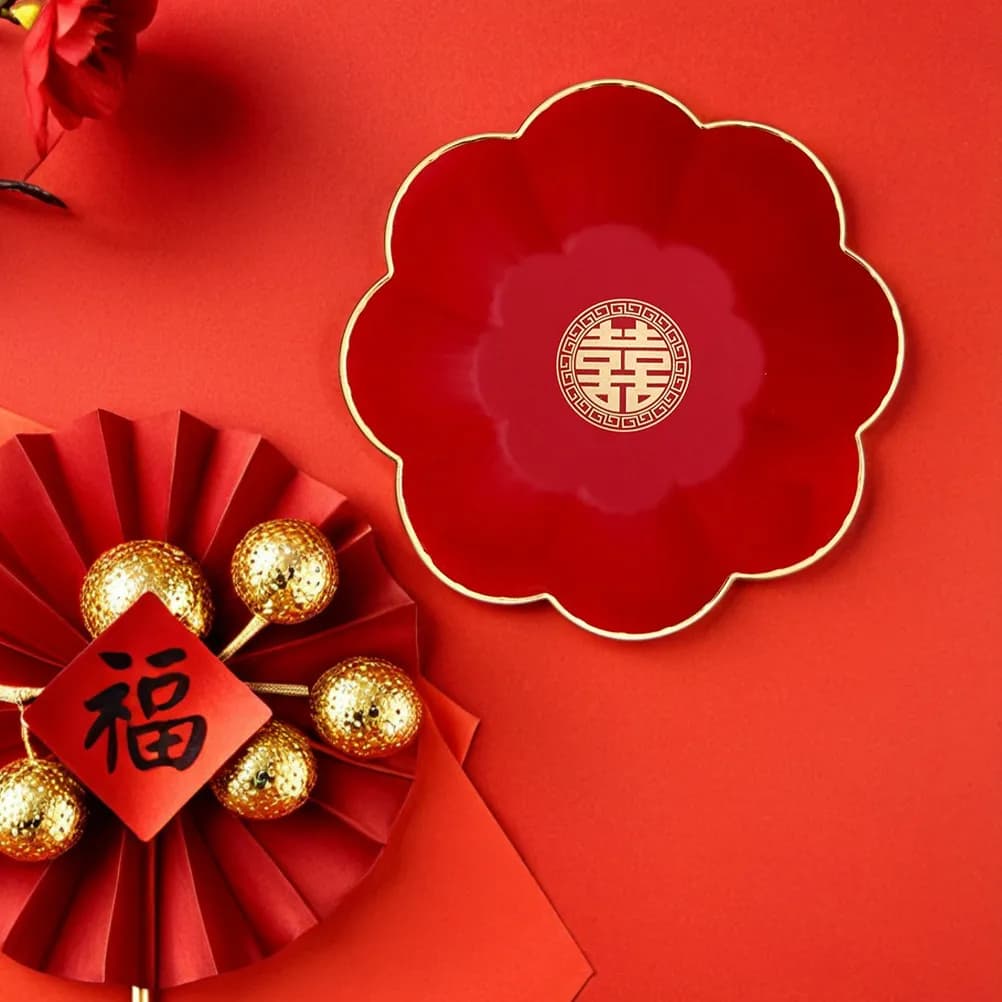 2Pcs Chinese Style Fruit Plates Red Wedding Tea Ceremony Tray for Candy Snacks Nuts Dried Fruits Decorative Serving Tray