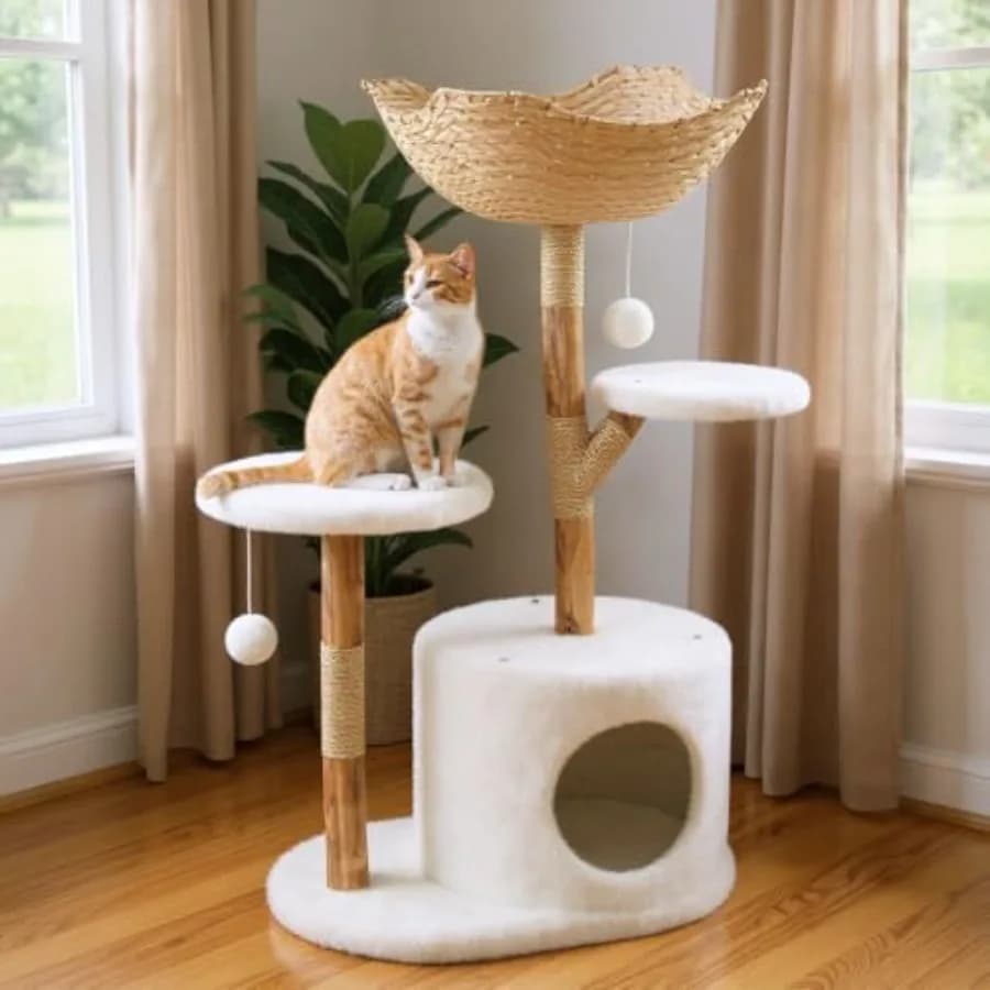 Torre per Gatti Moderna in Vero Legno con Cuccia in Vimini Naturale, Due Piattaforme, Tiragraffi e Letto per Gatti da Interno, Stile Boho Lusso