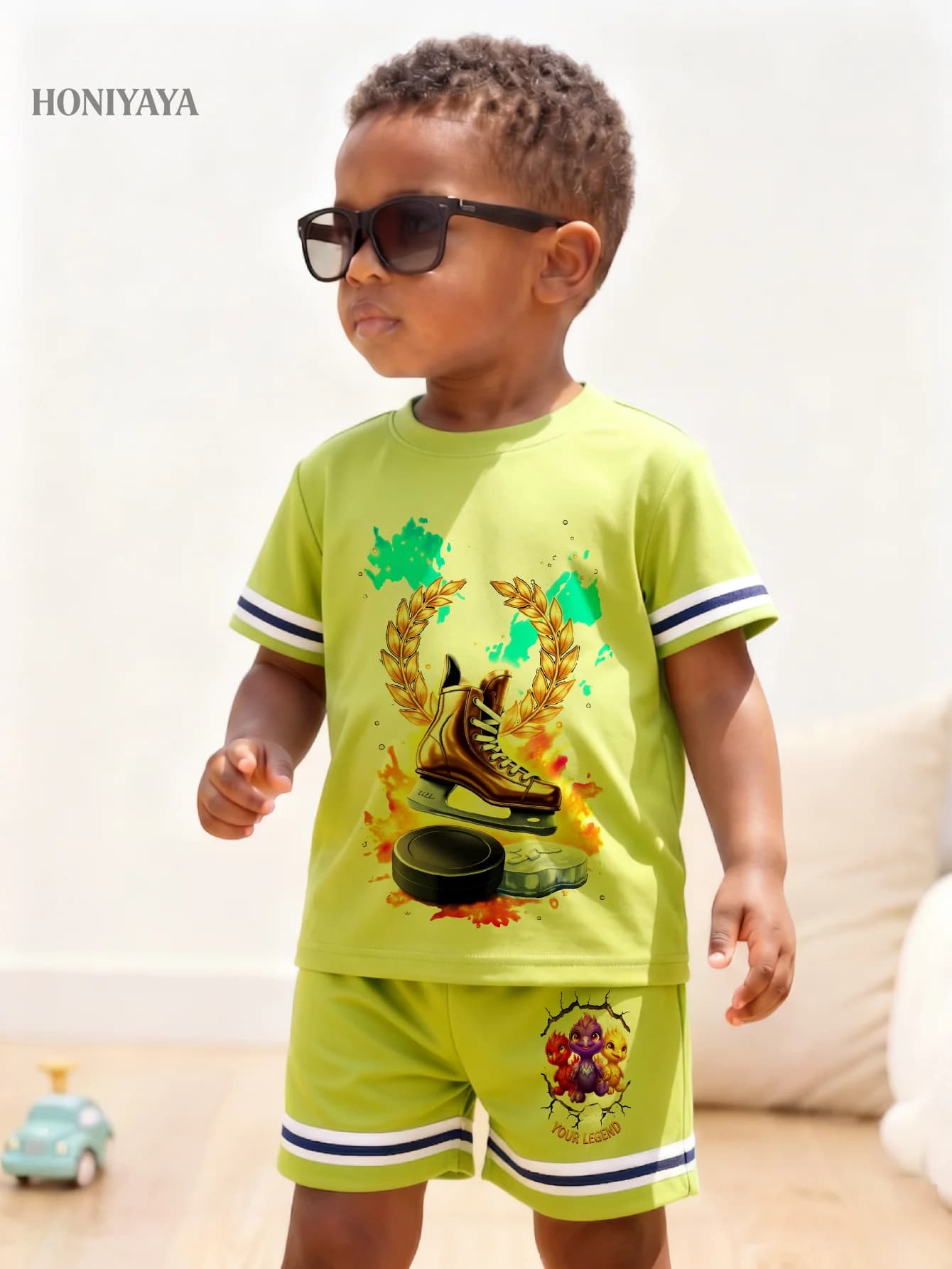 Set di 2 Pezzi Abbigliamento Estivo per Bambino con Stampa di Pattini da Ghiaccio e Trofeo, per Giochi all'Aperto, Avventura e Divertimento per Bambini Attivi