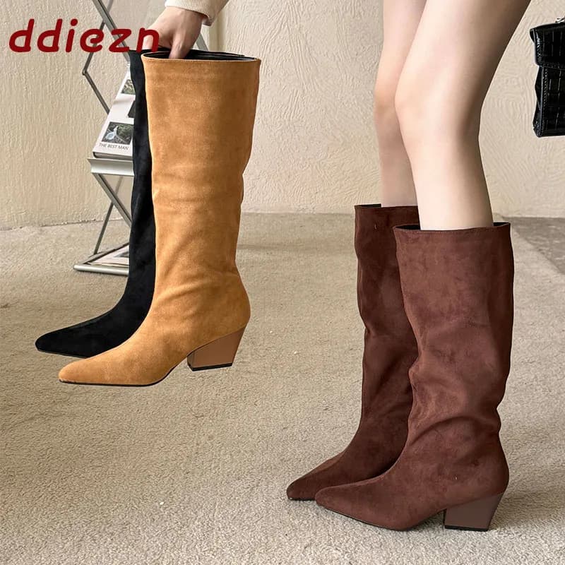 Fashion Flock Women Knee High Boots Pumps Shoes Female Square Heels Footwear New Party Modern Ladies Long Boots Shoes