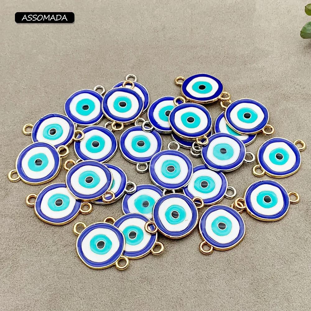 ASSOMADA 10pcs Fashion Evil Eye Charms Connectors Bracelet Coins Fit Diy Evil Eye Coins Necklaces Pendants Jewelry Accessories
