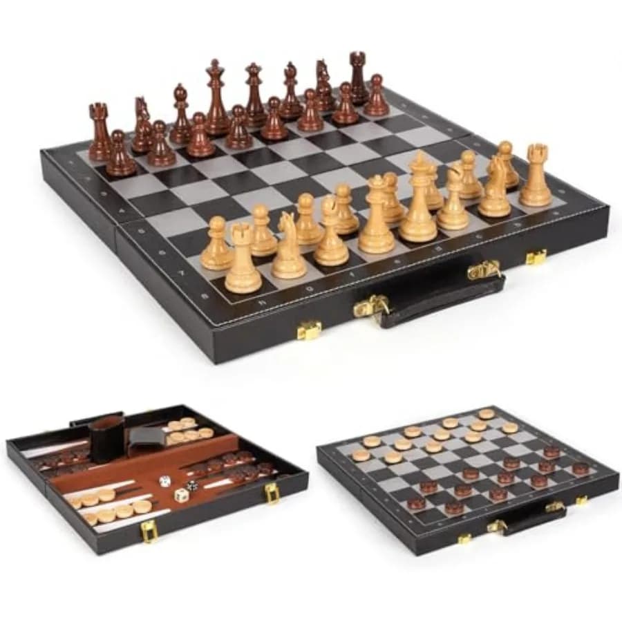 3 in 1 Magnetic Chess Set and Checkers Backgammon Board Game Set, 15" Wooden Folding Chess Board, Tournament Portable Travel Ch