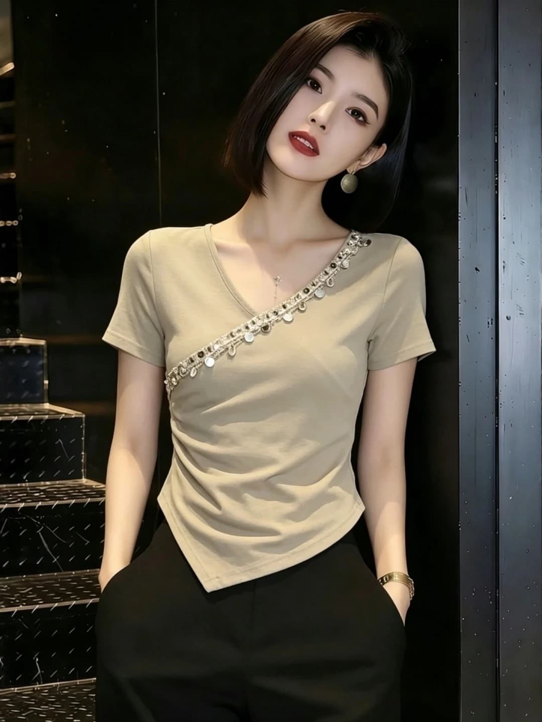 plus Size Pure Cotton Asymmetric V-Neck Short Sleeve T-Shirt Women Summer Unique Beautiful Top Design Korean Style Commute