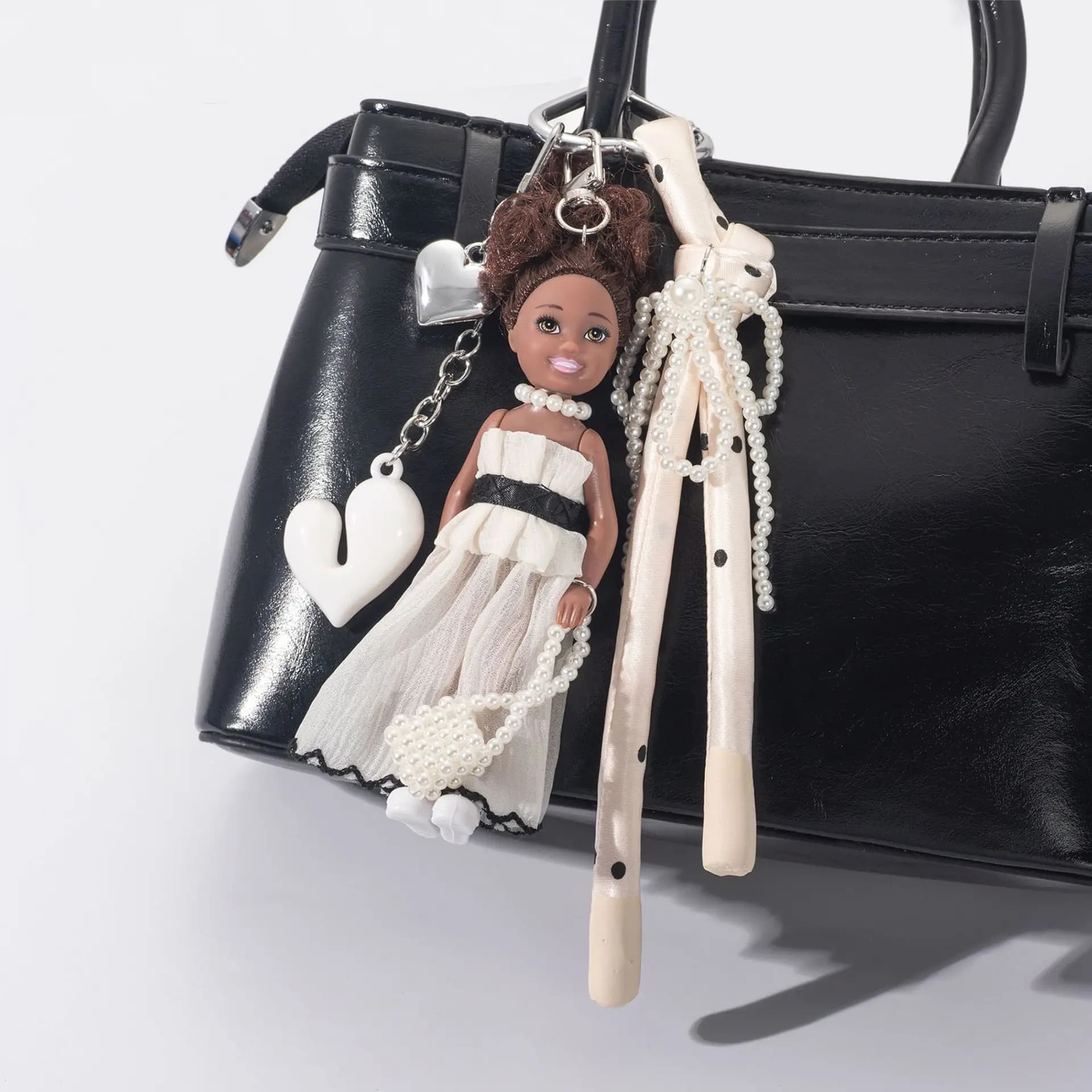 Coreano carino pelle nera BABI principessa bambola portachiavi ciondolo moda capelli ricci squisito vestito bambola borsa ciondolo regalo di compleanno