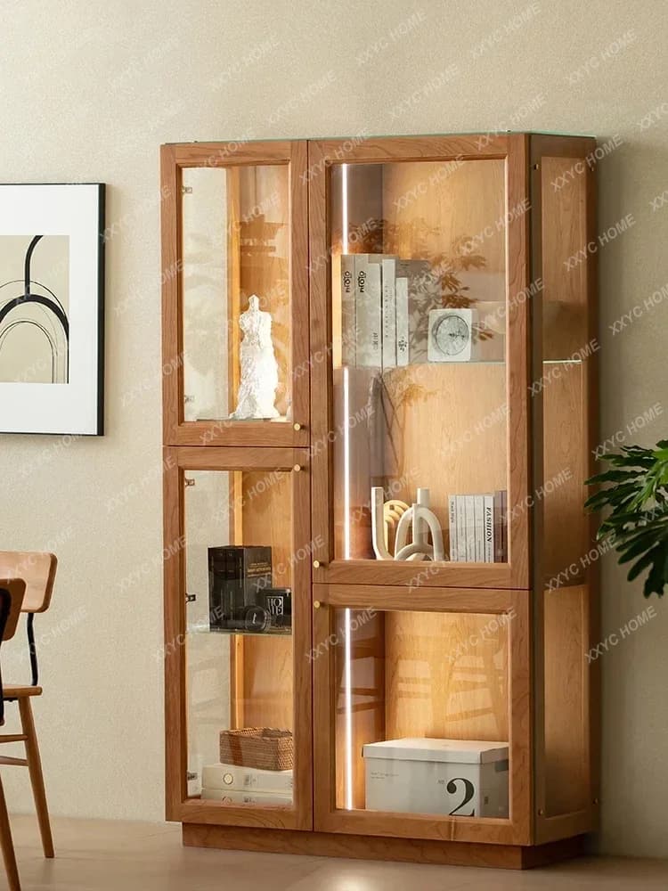 Q Vetrina nordica combinata in vetro e legno massello Libreria per vino in ciliegio con porta in vetro