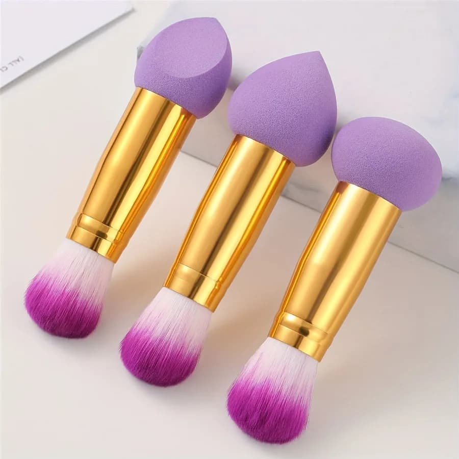 Set di 3 spugne e pennelli per trucco viola - Blender a doppia punta + pennello per fondotinta, kit di bellezza portatile da viaggio (Cruelty-Free)
