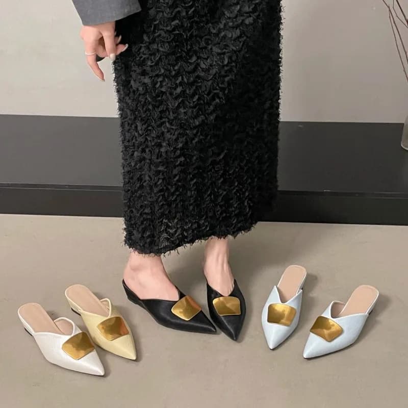 Women's 2026 Summer New Outdoor Fashion Metal Wedge Non-Slip Pointed Toe Half Slippers