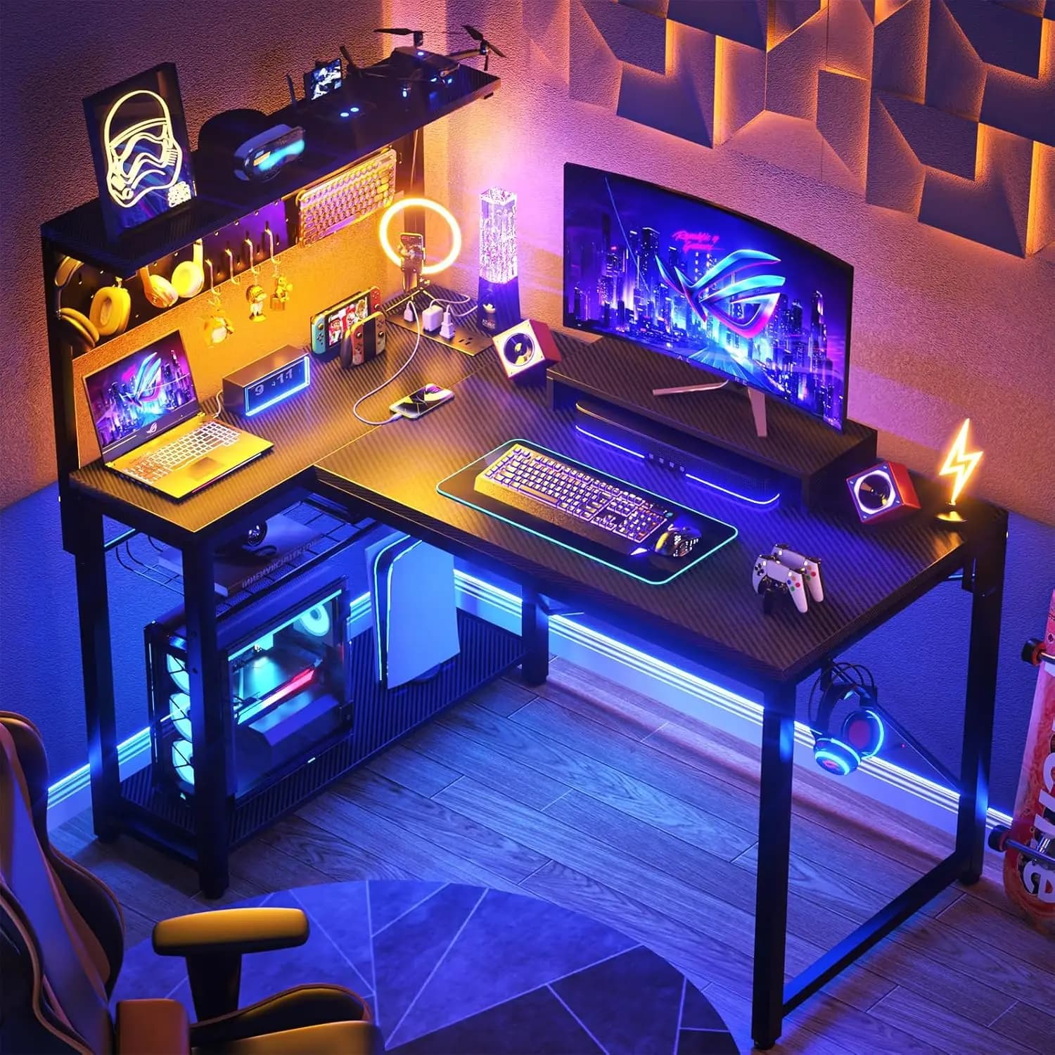 Small gaming desk with power sockets Light LED Pegboard, 43 inch L-shaped computer desk with display holders