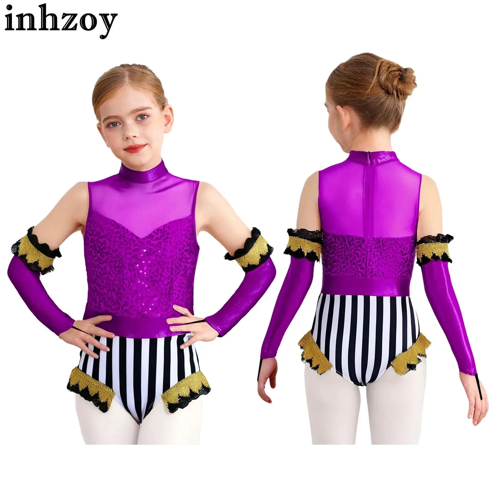 Body da ballo per pattinaggio di figura in rete con paillettes senza maniche per ragazze con manica metallica Costume cosplay da clown direttore di circo di Halloween