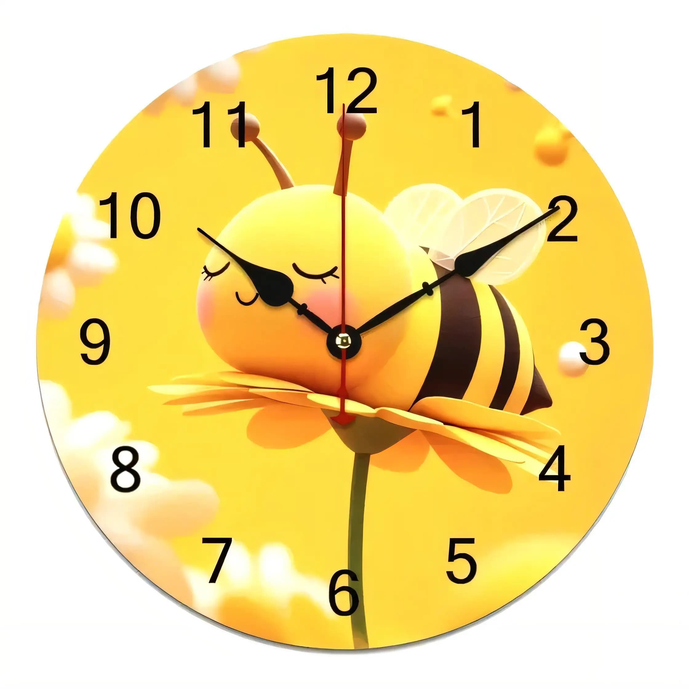 Whimsical Sleeping Bee Clock Decorative Wall Art for Kids Room Nursery Sunny Yellow Floral Theme Silent Non Ticking
