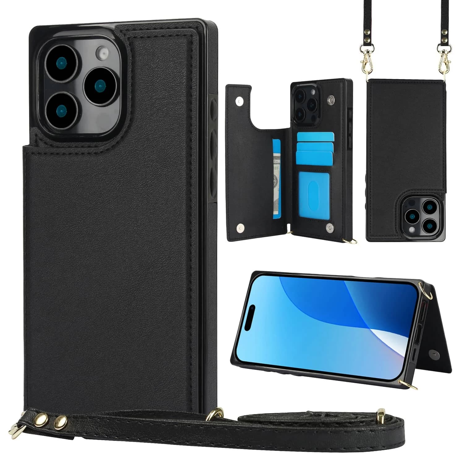 Custodia a portafoglio a tracolla per iPhone 16e 16 15 Pro Max con supporto per slot per schede, custodia a libro magnetica, borsa con tracolla staccabile
