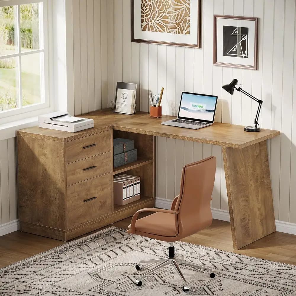 Scrivania per computer a forma di L da 55 pollici con 3 cassetti, ripiani portaoggetti, scrivania direzionale in legno per ufficio domestico, gaming, marrone