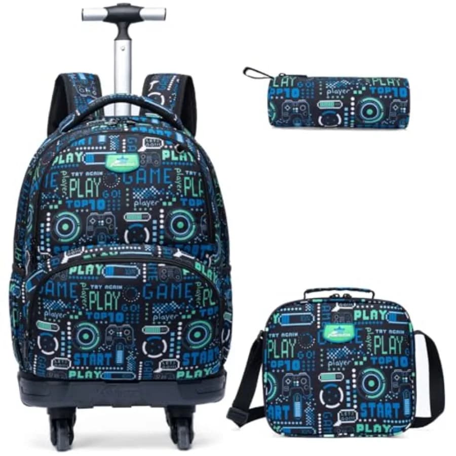 Zaino Trolley per Ragazzi, Valigie a Forma di Gamepad, Zaini con Ruote Girevoli a 360° ° Ruote Girevoli per Laptop da 15 Pollici, Set da 3 Pezzi, Lunch Bo