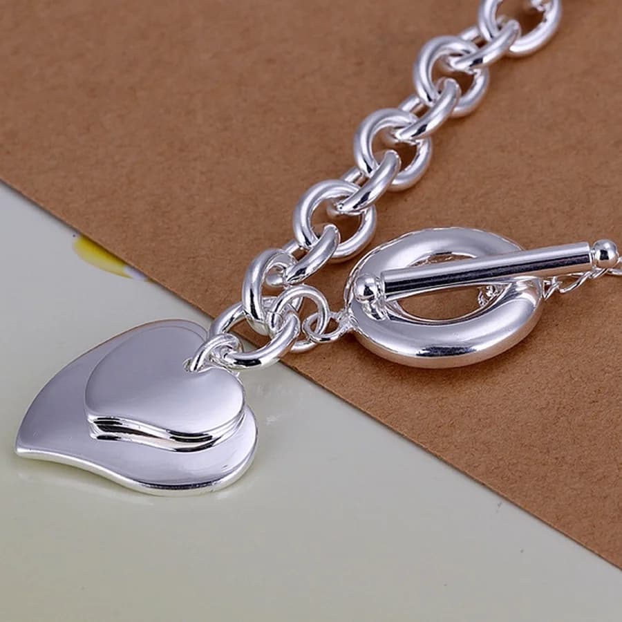 Fashion design high quality 925 Sterling Silver Jewelry double heart Bracelets Chain women lady wedding 8inches cute gifts