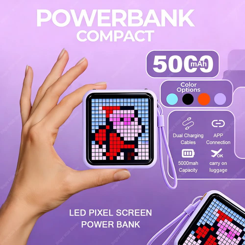 LED Pixel Screen LED Night Light Type-C Charging Mobile Powerbank 5000mAh with Digital Display&APP Sync Creative Gift Room Decor