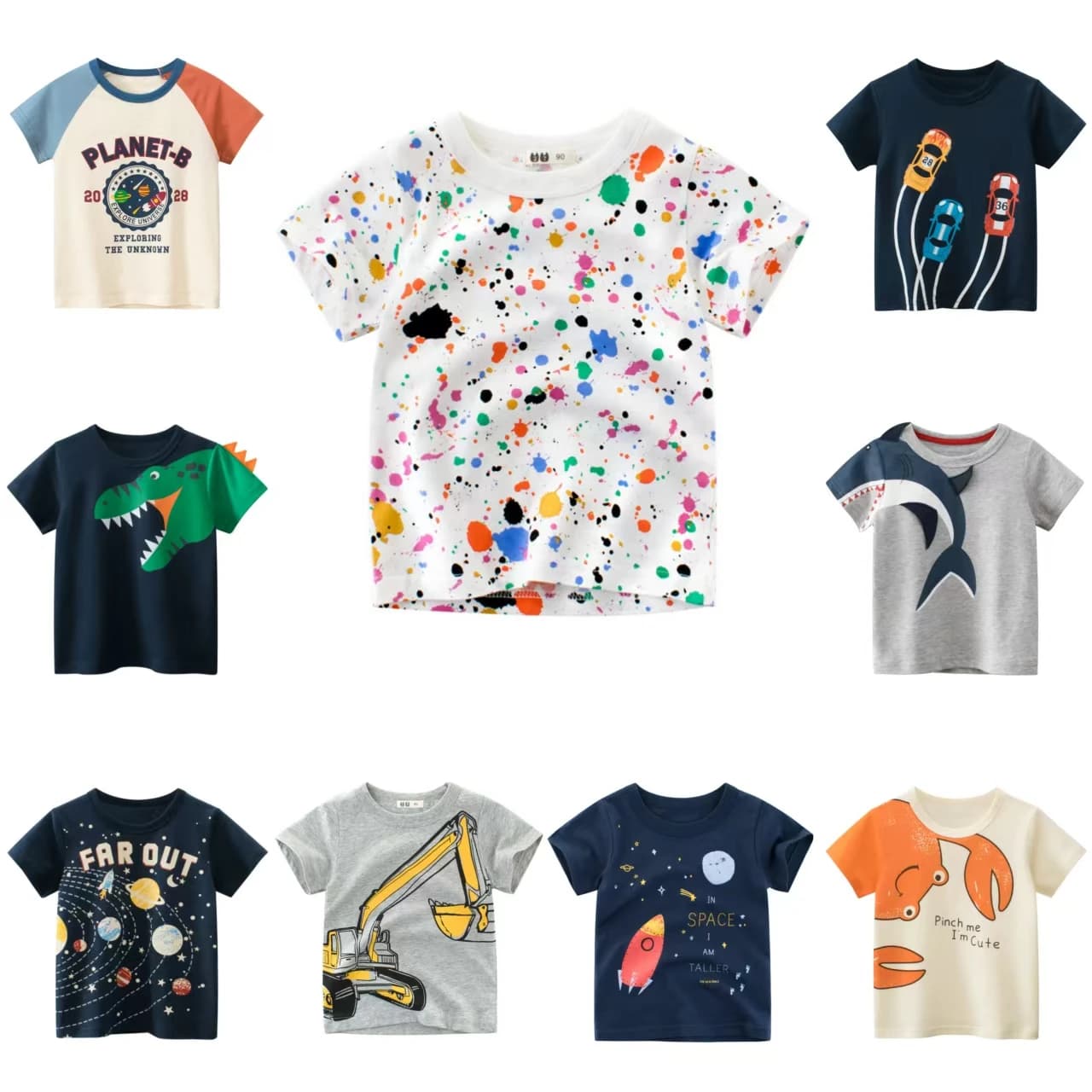 2-9 Years Boys T Shirt Graffiti Baby Kids Children Cotton Short Sleeves Summer Clothing Car Dinosaur Shark Printing