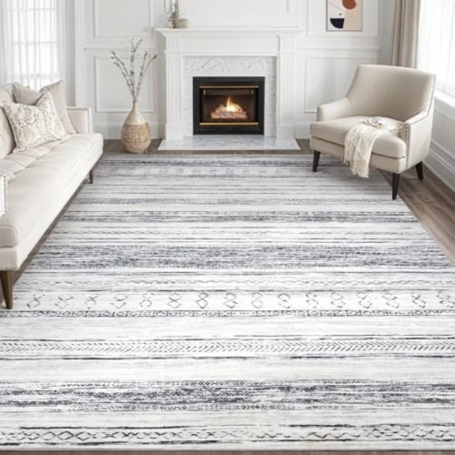 Living Room Area Rug - 8x10 Washable Soft Grey Neutral Boho Moroccan Farmhouse Indoor Floor Carpet for Bedroom Dining Table Hom
