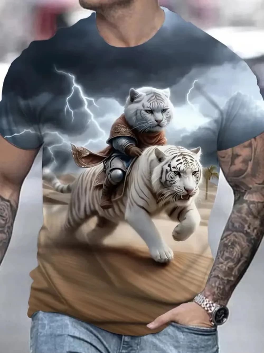 Fun and cute cat pattern summer 3D printed large-sized men's T-shirt loose and casual suitable for daily wear