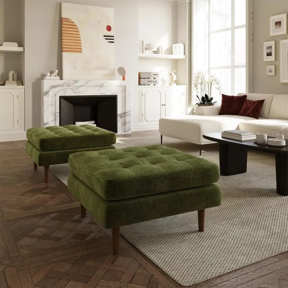 Pouf Quadrato in Velluto con Eleganti Gambe in Legno - Arredo Versatile per Soggiorni, Camere da Letto e Salotti