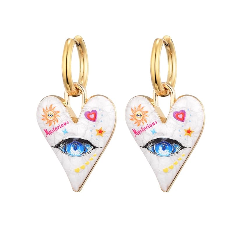Cute Colorful Heart Eye Sun Star Pattern Stainless Steel Hoop Earrings For Women Enameled Gold Color Pendant Female Y2K Jewelry