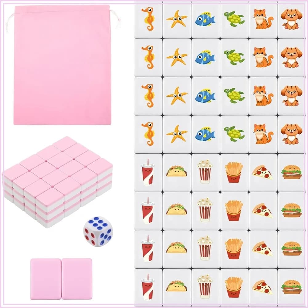 2 Player Mahjong Set, 50 Tiles with 12 Patterns, Portable Travel Game with Bag, Pink