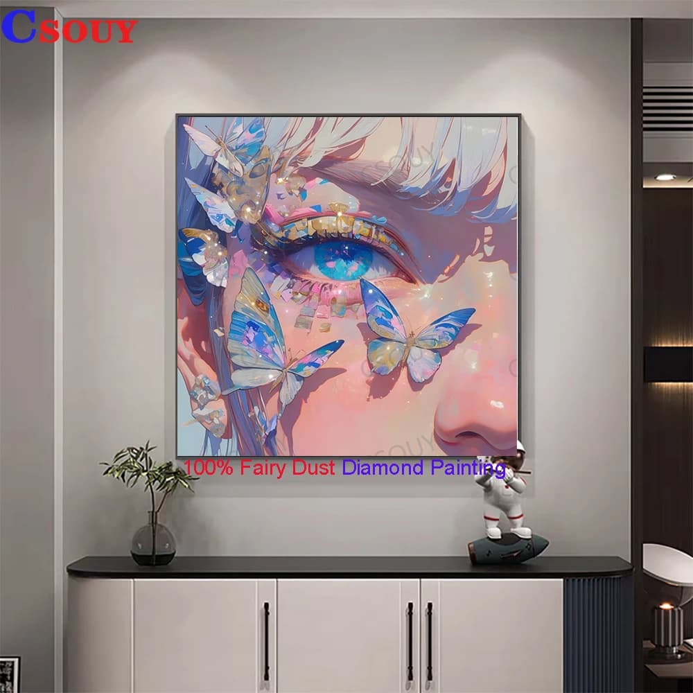 100% Fairy Dust Diy Diamond Painting Cross Stitch Blue Butterfly Girl Square Drill Full Crystal Embroidery Mosaic Decor Needlewo