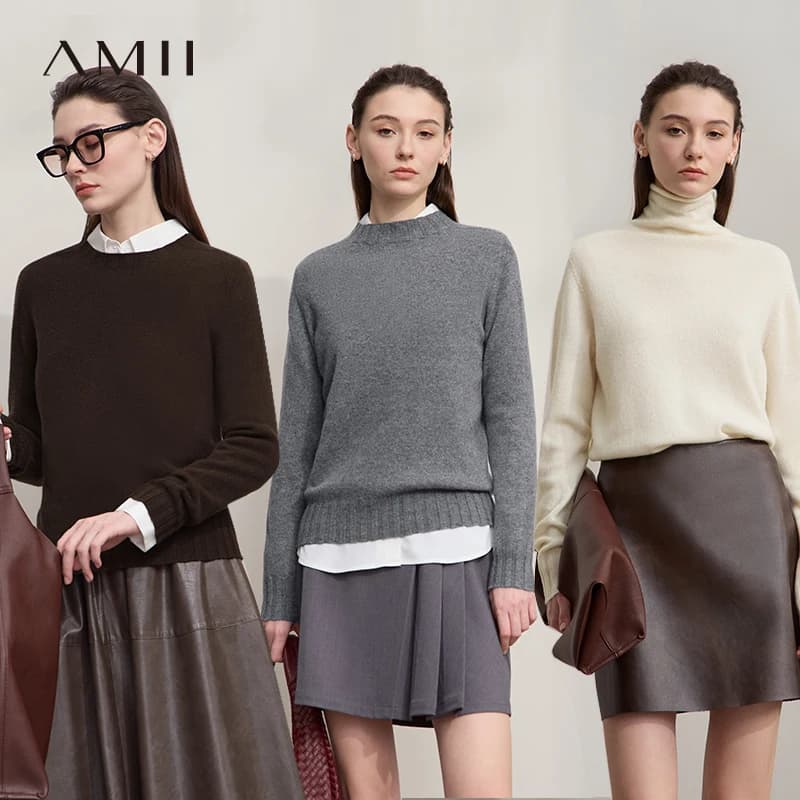 AMII Maglione da donna 100% lana 2025 Autunno Nuovo Top a maniche lunghe Solido Allentato Casual Versatile Maglioni Abbigliamento donna 12513012