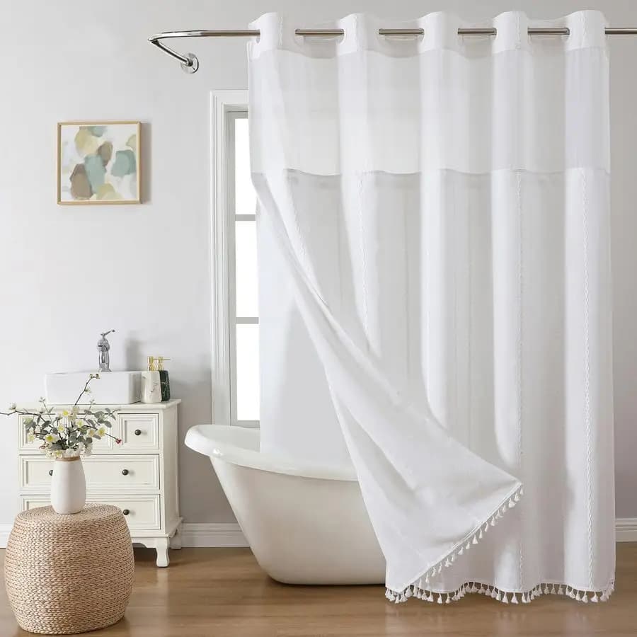 Set Tenda Doccia Stile Rustico Senza Ganci con Rivestimento in Tessuto a Incastro, Design Boho in Lino Resistente con Motivo a Righe, Idrorepellente