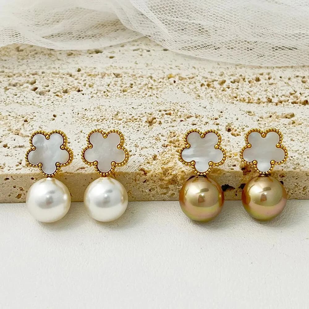 Stainless steel plum blossom five-leaf pearl earrings stylish women's party jewelry clover daily wear