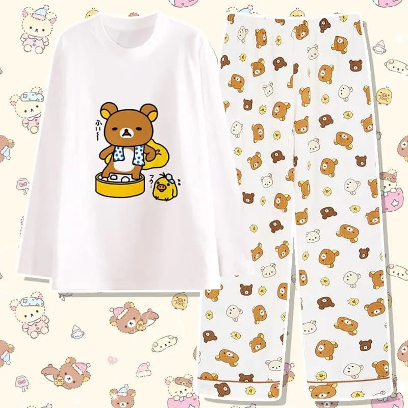 Pigiama Orsetto Carino Rilakkuma in Cotone da Donna, Set Abbigliamento Casa a Maniche Lunghe e Pantaloni Lunghi, Semplice Giallo a Quadretti, Comodo, Idea Regalo