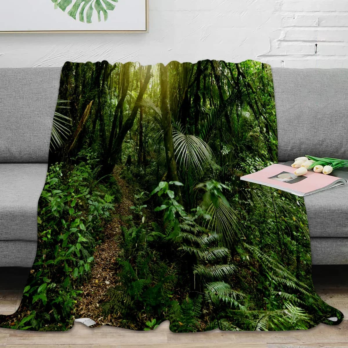 Coperta da tiro giungla tropicale foglie verdi legno coperta morbida e confortevole coperte di peluche caldo divano lenzuola