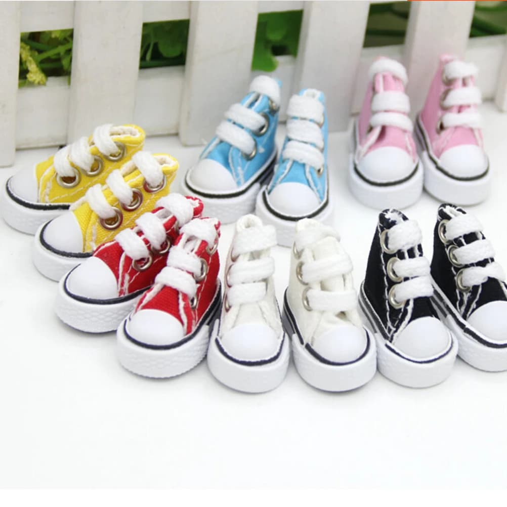 1 paio di scarpe da bambola di lunghezza 5cm di moda 1/6 Scale Mini Sneakers Denim Canvas High Top Plimsolls Playing House puntelli fatti a mano giocattoli