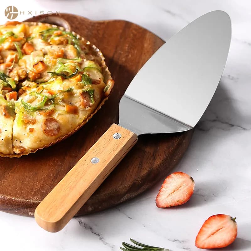 Pala per Pizza con Manico in Legno, Spatola Triangolare per Trasferimento Torte, Spatola in Acciaio Inox per Bistecche, Utensile da Cucina
