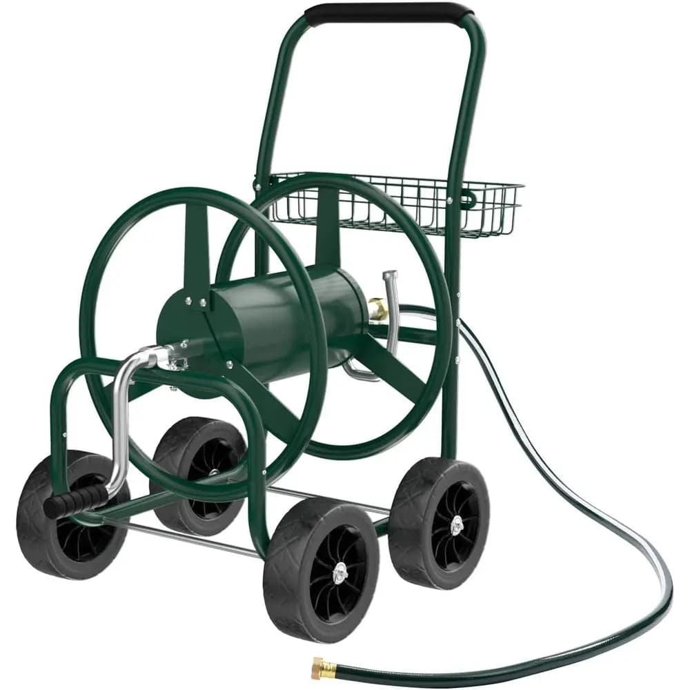 Carrello Portatile a 4 Ruote per Tubo da Giardino con Cesto Portaoggetti, Ideale per Irrigazione di Prati e Giardini (Verde 250T)
