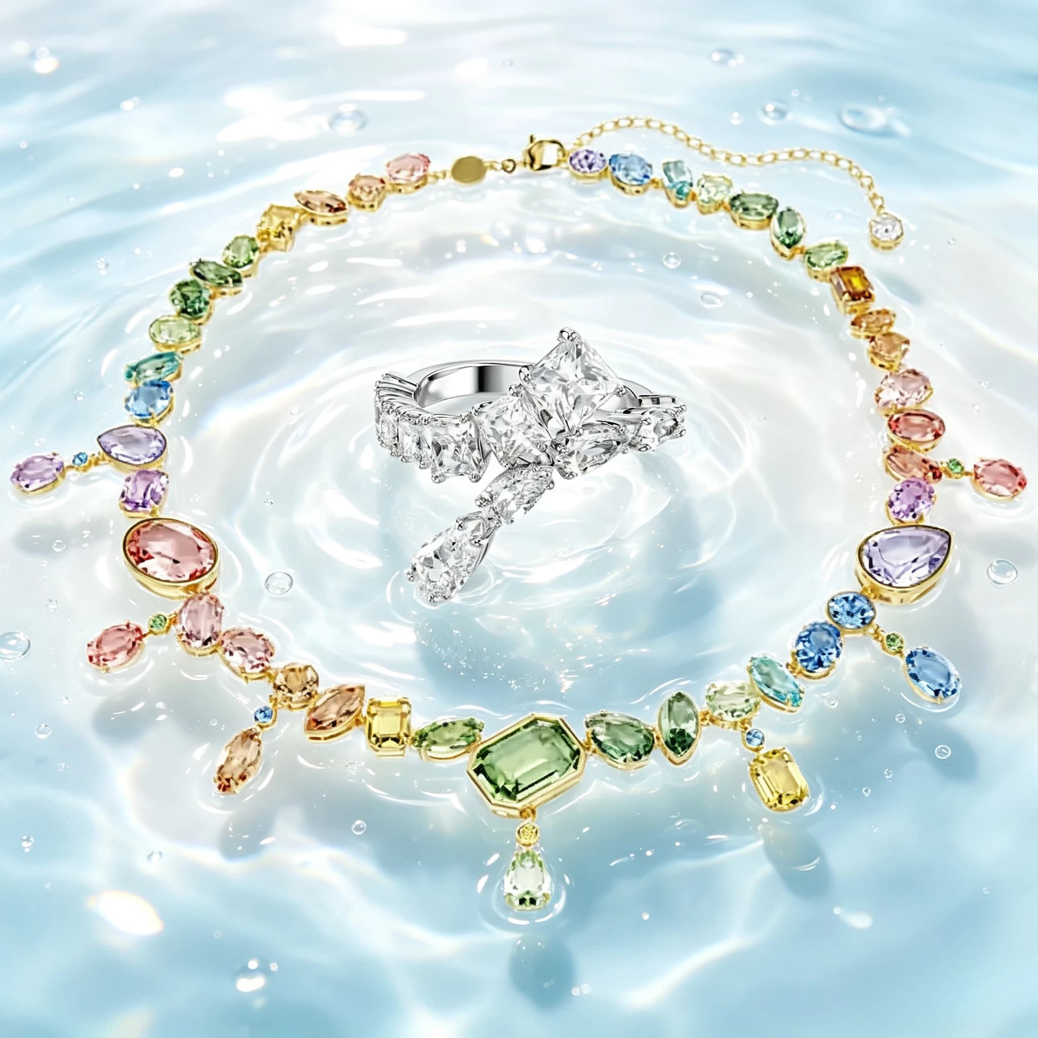 New Original Women's Fine Jewelry Set Features Blend of Multiple Colors Creating Vibrant Crystal Necklace Earring Bracelet Ring