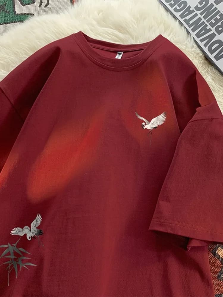 Red Wine Color Print Crane Short Sleeve T-Shirt Men's Summer Loose Fit Half Sleeve Trendy Clothing Breathable Cotton round Neck